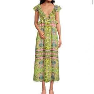 A Loves A  V Neck Flutter Sleeve Open Back Paisely Green Size Medium